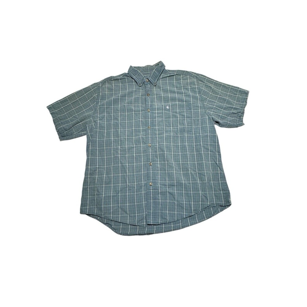 Carhartt Short Sleeve Button Up Shirt Size XL Faded Light BlueWhite‎ Plaid Look